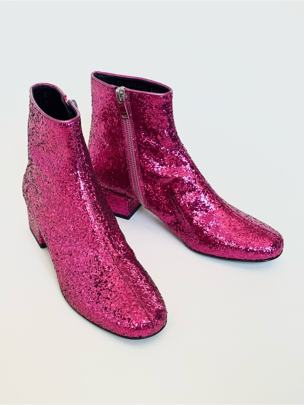 Saint Laurent "Babies" glitter ankle boots in hot pink from the F/W 14 Runway - Picture 1 of 12